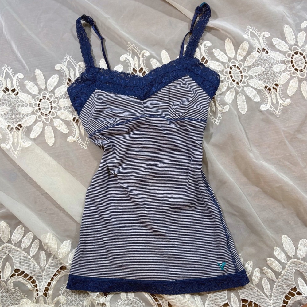 RARE Y2K Babydoll American Eagle Striped Lace Trim Cami Tank Top Built-in Bra XS
